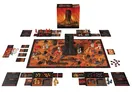 Board game layout with cards, tokens, and a central black monolith on a red-orange terrain.