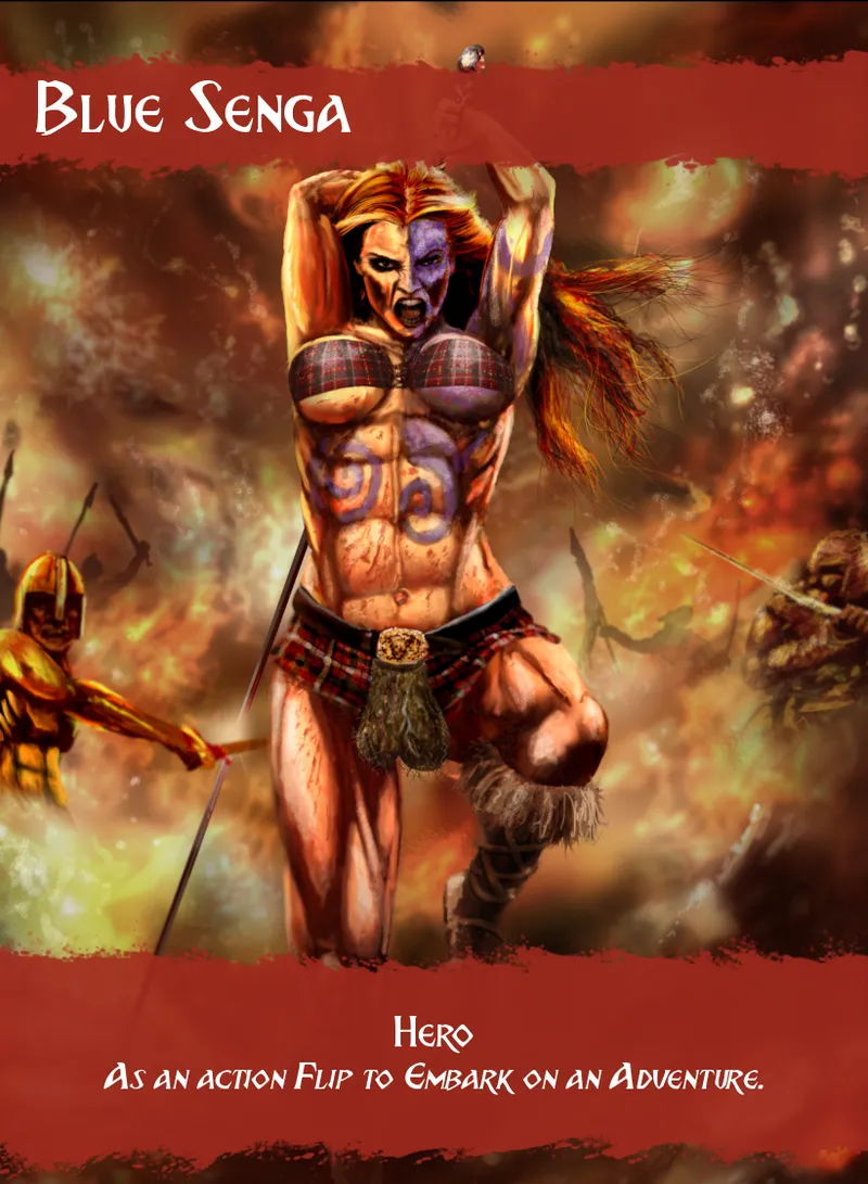 The image features a character named Blue Senga, depicted as a muscular barbarian warrior. She has long, flowing red hair and a fierce expression, showcasing a mix of tribal tattoos and war paint on her body. Senga wears a plaid boobtube and a trophy sporran, emphasizing her bold and unconventional fashion choices. The background is chaotic, filled with flames and the silhouettes of other warriors, suggesting a battle scene. The overall artwork channels a vibrant, fantasy aesthetic reminiscent of classic illustrations, with a focus on strength and intensity.
