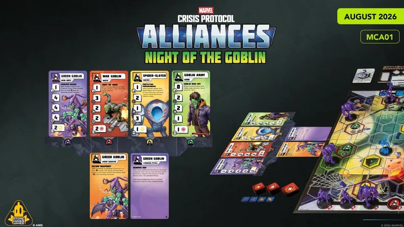 A collection of character cards from the game "Marvel: Crisis Protocol Alliances: Night of the Goblin" is displayed on a dark background. The cards feature various characters, including the Green Goblin, War Goblin, Spider-Slayer, and Goblin Army goons, each with distinct artwork and stats. In the lower section, two additional Green Goblin cards are shown, detailing abilities and effects, while a set of action tokens and dice are positioned in the bottom right corner, indicating gameplay elements.