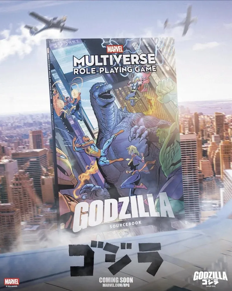 Marvel Multiverse Role-Playing Game Godzilla Sourcebook cover with Godzilla and heroes on a skyscraper.