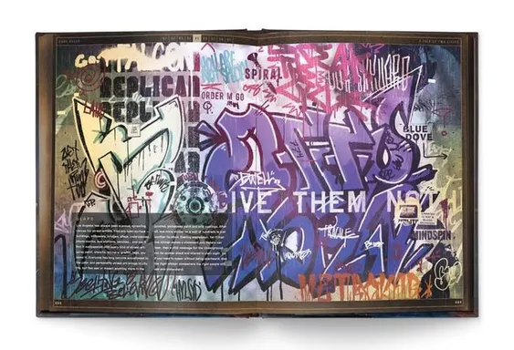 A vibrant spread from a book features a collage of graffiti art, showcasing a mix of colorful tags and stylized lettering. Prominent among the graffiti is the phrase 