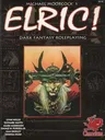 The cover of the "Elric!" roleplaying game features a striking illustration of a pale-skinned, long-haired figure wearing a crown adorned with horns, symbolizing the character Elric of Melnibone. His intense gaze is directed forward, and he holds a sword, hinting at the dark fantasy themes of the game. The title "MICHAEL MOORCOCK'S ELRIC!" is prominently displayed at the top, with the subtitle "DARK FANTASY ROLEPLAYING" beneath it, all set against a dark, ornate background that enhances the mystical atmosphere.