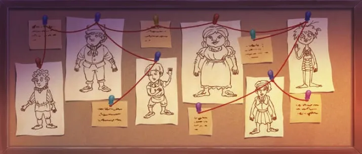 Clothesline with pinned sketches of halflings and notes.