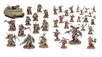 A collection of miniatures representing the forces of Khorne and Nurgle from Games Workshop. On the left, a green armored vehicle is accompanied by several Nurgle-themed figures, characterized by their grotesque details and muted colors. On the right, Khorne warriors are depicted in vibrant red and black armor, showcasing a variety of weapons and dynamic poses, all set on circular bases.