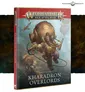 A colorful cover of the "Kharadron Overlords" Battletome for Age of Sigmar features a robust duardin character wearing a large, round backpack with mechanical elements, suggesting a flying apparatus. The character is depicted mid-air, with a determined expression, and is surrounded by small airships and flying creatures in the background. The title "Kharadron Overlords" is prominently displayed at the bottom, along with the Warhammer logo at the top.