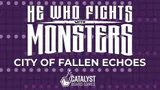 Purple background with dotted pattern. White and gray text reads: "He Who Fights with Monsters" with a sword graphic, "with" in smaller text, "Monsters" in large white letters, and "City of Fallen Echoes" in smaller gray text beneath.