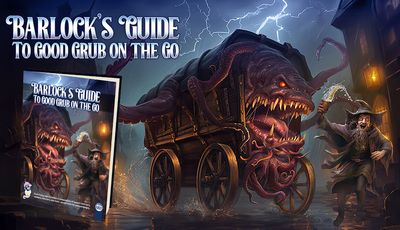 A whimsical and slightly eerie scene features a large, monstrous cart with a gaping mouth filled with sharp teeth, and tentacles extending from its sides. In the foreground, a jovial wizard, dressed in a dark robe and a pointed hat, holds a tankard and appears to be enthusiastically gesturing towards the cart. The background is illuminated by flickering lanterns, with dark stormy skies and flashes of lightning adding to the dramatic atmosphere.