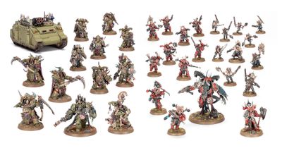 A collection of miniatures representing the forces of Khorne and Nurgle from Games Workshop. On the left, a green armored vehicle is accompanied by several Nurgle-themed figures, characterized by their grotesque details and muted colors. On the right, Khorne warriors are depicted in vibrant red and black armor, showcasing a variety of weapons and dynamic poses, all set on circular bases.