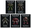 Five new Liber books for "Warhammer: The Horus Heresy" are displayed, each featuring distinct cover art. The covers include illustrations of armored figures representing various factions: a green-armored Loyalist Astartes for "Liber Astartes," a gray-armored Traitor Astartes for "Liber Hereticus," a bulky figure for "Liber Auxilia," a robotic character for "Liber Mechanicum," and a knightly figure for "Liber Questoris." Each book is titled prominently at the bottom, with a dark background that enhances the vibrant colors of the characters.