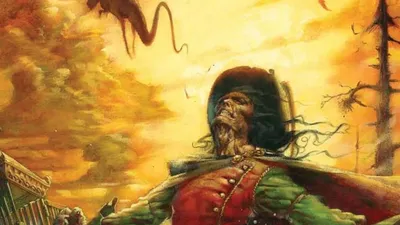 Skeletal figure in red coat and green cape, fiery sky, text "The Dying Earth"