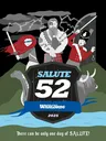 A stylized graphic featuring a central shield with the text "SALUTE 52" prominently displayed, along with the phrase "South London Warlords" and the year "2025." Surrounding the shield are four characters: a warrior with a sword and shield, a bagpiper, a soldier in a red coat, and a woman with a sword and blue mask. In the background, there are elements like a dinosaur and a highland cow, set against a dark sky with lightning. The bottom of the image includes the text "There can be only one day of SALUTE!"