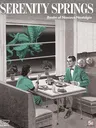 A 1950s couple dining at a table with a large insect outside the window.