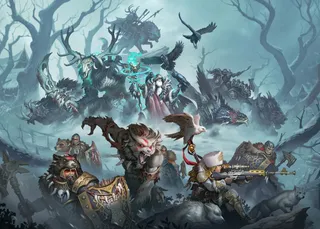 A dynamic scene features a variety of characters and creatures from the Old Umbrey Command Starter and Battlegroup Box. In the foreground, a fierce, wolf-like warbeast with red markings stands alongside a soldier aiming a rifle, while a small bird perches nearby. In the background, a witch in flowing robes commands a spectral figure, flanked by various warbeasts and warriors, all set against a misty, eerie landscape filled with twisted trees and shadowy figures.