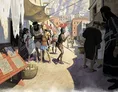 A bustling medieval street market in a walled city. People in period clothing—some in tunics, others in cloaks—gather around a vendor’s table displaying wooden items with carved runes. A man in a red feathered hat holds a scroll, while others converse or browse.