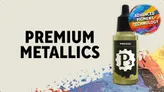 A bottle of P3 Paints' "Pure Gold" metallic paint is prominently displayed, featuring a sleek design with a black label and the P3 logo. The background includes vibrant splashes of color, suggesting a creative atmosphere, while bold text reads "PREMIUM METALLICS" alongside a circular badge stating "ADVANCED PIGMENT TECHNOLOGY." The overall composition emphasizes the quality and innovation of the paint.