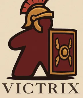 A stylized logo features a red game piece resembling a Roman soldier, complete with a golden helmet and a shield adorned with a decorative emblem. Below the figure, the word "VICTRIX" is displayed in bold, dark lettering. The background is a light beige color, enhancing the logo's vibrant elements.