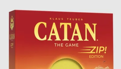 The box for "Catan Zip!" features a vibrant sunset over a pastoral landscape, with rolling hills, fields, and distant mountains. The title "Catan" is prominently displayed at the top in bold yellow letters, with "ZIP! EDITION" beneath it. In the foreground, two characters are depicted, one holding a staff, suggesting a sense of adventure and exploration.