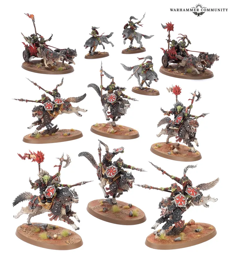A dynamic display of miniatures features the Snarlpack Huntaz, a mobile force from Age of Sigmar, showcasing various models riding wargs. The set includes three Snarlpack Cavalry, two Sunsteala Wheelas, and a Snarlboss with his Wolfgit Retinue, all adorned with intricate armor and vibrant red and black details. The models are positioned on a textured base that suggests a rugged terrain, enhancing the overall action-packed aesthetic.
