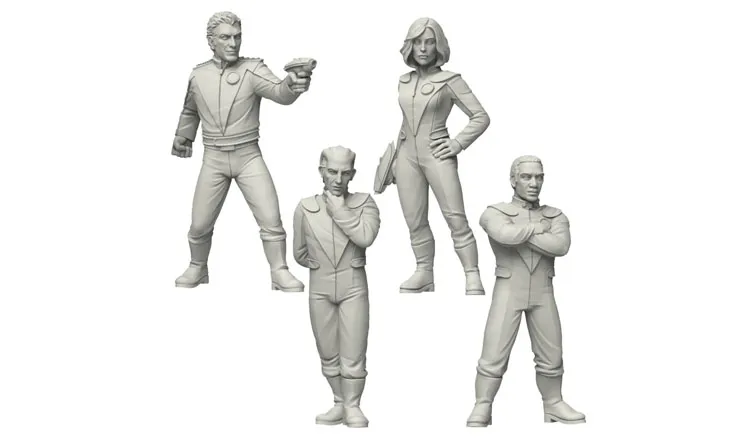The image features four sci-fi miniatures from Crooked Dice Design Studio, showcasing a group of Galactic Explorers. Each figure is intricately designed, with two male characters and two female characters, all posed in dynamic stances. One male figure holds a weapon, while another appears contemplative, and the female characters exhibit confident postures. The miniatures are presented in a light gray color, highlighting their detailed features and attire.