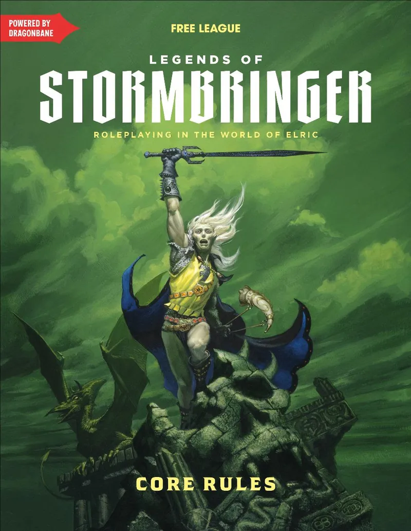 A heroic figure stands atop a rocky outcrop, wielding a sword raised high, with long, flowing white hair and a determined expression. The character is dressed in a yellow tunic and dark armor, complemented by a blue cape that billows dramatically. The background features swirling green hues, evoking a mystical atmosphere, while a dragon's head can be seen in the lower left corner, adding to the fantastical elements of the scene. The title "LEGENDS OF STORMBRINGER" is prominently displayed at the top, along with the text "ROLEPLAYING IN THE WORLD OF ELRIC."