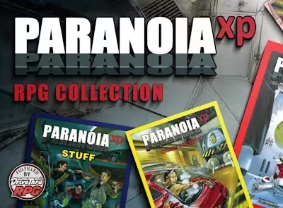 A collection of colorful PDF covers for the Paranoia XP tabletop role-playing game is displayed, featuring various illustrations that capture the game's dark humor and chaotic setting. The covers include titles like "Paranoia XP," "Stuff," and "Paranoia: The Computer," showcasing vibrant artwork with characters and futuristic elements. The background suggests a sci-fi environment, enhancing the theme of a deranged computer overseeing a failing underground city.