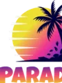 Pixelated sunset with a large palm tree silhouette against a gradient sky of yellow, orange, and purple hues. Below, a row of blurred, indistinct figures and objects, possibly representing a crowd or event space.