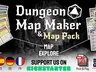The image features promotional artwork for the "Dungeon Map Maker & Map Pack" Kickstarter by Doopy Games. The title is prominently displayed in a bold, stylized font, with a geometric symbol above it. Surrounding the title are various game elements, including cards showcasing character stats and abilities, and icons indicating language availability (English, Spanish, German, and French). The bottom of the image includes a call to action to support the project on Kickstarter, along with logos for PDF and print options. The background has a dark, atmospheric design that evokes a fantasy theme.