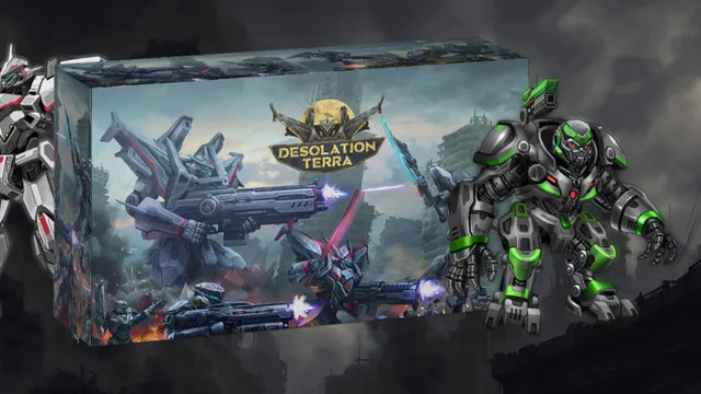 A large box for the game "Desolation Terra" features dynamic artwork depicting futuristic mechs engaged in battle, with vibrant colors and dramatic lighting. On the left, a detailed mech stands prominently, showcasing a sleek design with red and gray accents. The game's title is displayed at the top center, surrounded by a stylized emblem, enhancing the sci-fi theme of the scene.