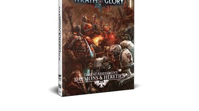 A physical edition of "Warhammer 40,000: Wrath & Glory, Threat Assessment: Daemons & Heretics" is displayed, featuring a striking cover illustration. The artwork depicts various Chaos forces, including armored figures and menacing creatures, set against a dark, chaotic background. The title is prominently featured at the top, with the subtitle "Threat Assessment: Daemons & Heretics" displayed at the bottom, emphasizing the book's focus on the forces of Chaos in the Warhammer 40,000 universe.