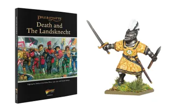 A book titled "Death and The Landsknecht" from the Pike & Shotte series is prominently displayed, featuring colorful illustrations of Landsknecht mercenaries in vibrant, patterned clothing, wielding various weapons. The background depicts a battlefield scene with flags and soldiers, emphasizing the Italian Wars of 1494-1559. To the right, a detailed miniature of Richard de la Pole, known as ‘The White Rose’, is shown, holding a sword and dressed in period attire.