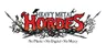 The logo for "Heavy Metal Hordes" features bold, stylized text in red and black, with a dramatic gradient transitioning from orange to red at the top. Surrounding the text are intricate illustrations of skeletal figures and branches, enhancing the old-school fantasy theme. The tagline "No Plastic • No Digital • No Mercy" is prominently displayed beneath the main title, emphasizing the traditional approach of the miniatures.