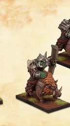 A colorful display of miniatures features a whimsical scene from the game Half Tilt. On the left, Duke Hammond rides a winged pigasus, while Jacques the Jester, in a red outfit, holds a balloon and rides a hobby horse. To the right, three orc jousters, equipped with armor and weapons, ride sturdy mounts, showcasing their fierce expressions and battle-ready stances. The background is a textured beige, enhancing the vibrant colors of the characters and their mounts.