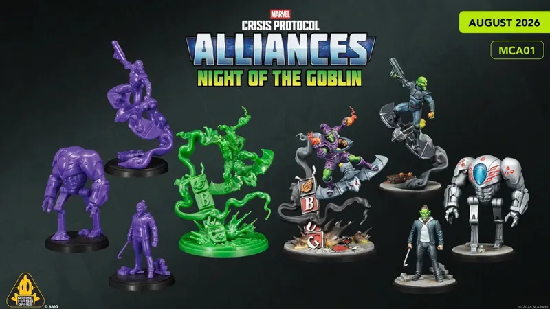 A collection of colorful miniatures from the Marvel: Crisis Protocol Alliances game is displayed, featuring various characters and creatures. The figures include a purple robotic character, a green goblin-like creature, and a human figure holding a weapon, all set on black bases. The miniatures showcase intricate details and dynamic poses, emphasizing their role in cooperative gameplay.