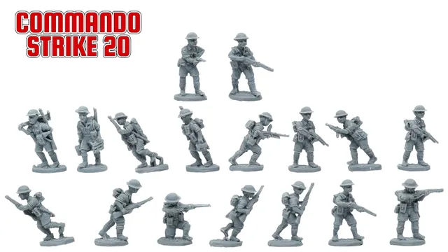 A collection of 20mm scale miniatures representing the British Eighth Army infantry platoon, sculpted in gray plastic. The figures are posed in various stances, including standing, kneeling, and lying down, with some holding rifles and others in action poses. The bottom of the image features the text "British Eighth Army infantry platoon" along with the product code and website link.