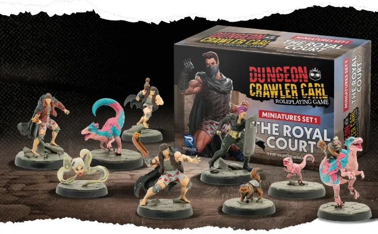 A collection of detailed miniatures from the "Dungeon Crawler Carl" roleplaying game is displayed, featuring various characters and creatures. The miniatures include a muscular figure in a mask and shorts, alongside whimsical creatures like a pink and blue hybrid animal, a multi-headed monster, and a small dog-like creature. The set is presented in a box labeled "Miniatures Set 1: The Royal Court," showcasing vibrant colors and intricate designs, set against a textured background that resembles a dungeon floor.