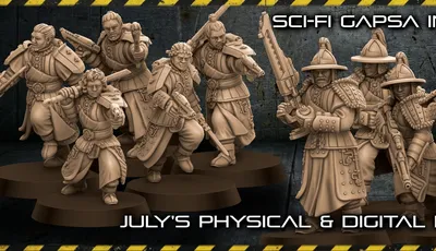 Five miniatures in futuristic Korean-inspired armor holding rifles, text "SCI-FI GAPSA JULY'S PHYSICAL & DIGI"