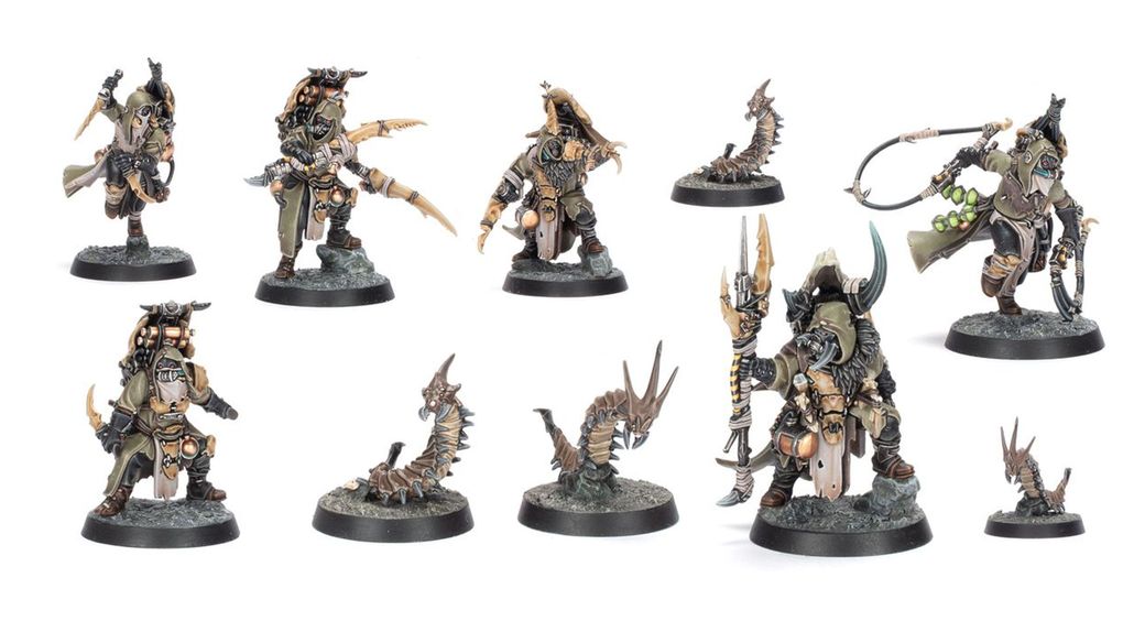 A collection of six intricately designed miniatures representing the Sha’dar Hunters from Necromunda, accompanied by their Arthromite spinewyrms. The hunters are clad in rugged, post-apocalyptic armor, featuring various weapons and gear, while the spinewyrms exhibit a segmented, menacing appearance. The bases of the miniatures are textured to resemble the harsh terrain of the Ash Wastes, enhancing the overall theme of survival in a desolate environment.