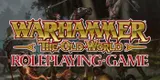 The image features the title "Warhammer: The Old World Roleplaying Game" prominently displayed in bold, stylized lettering, with "Roleplaying Game" in a contrasting red font. In the background, a dark forest setting is depicted, with various characters, including a mounted figure and others wielding weapons, suggesting a tense and adventurous atmosphere. The overall tone conveys a sense of mystery and danger, aligning with the folk horror theme of the new scenario, "Thirst of Three."