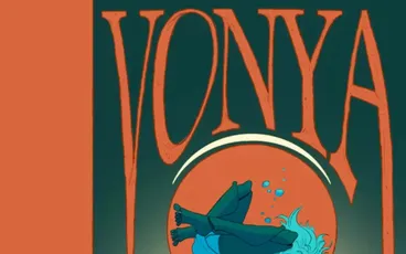 A seated figure in a long coat and hat, holding a glowing orb with a small creature inside. Above, a circular window shows a blue whale and smaller aquatic creatures in a red-orange underwater scene. Text reads "by Henry Harris" in small font near the top center.