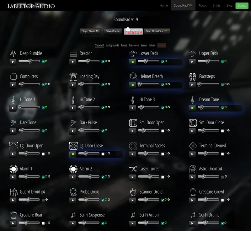 A page from the site showing all the different soundscape elements for starships
