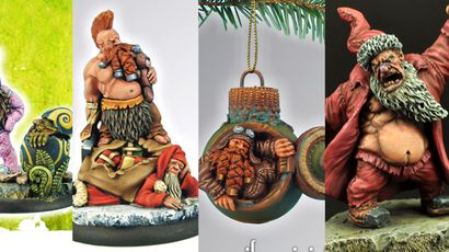 A collection of festive decorations features three distinct items. On the left, a whimsical miniature depicts a large, bearded figure with a playful expression, holding a small toy and surrounded by smaller figures. The center showcases a round ornament with a detailed design, featuring a bearded character in goggles peeking out. On the right, another miniature presents a red-cloaked figure with a mischievous look, adding to the festive theme. All pieces are intricately painted and designed for holiday decor.