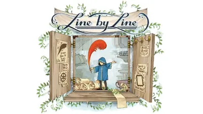 A wooden-framed window display with a banner reading "Line by Line." Inside, a small figure in a blue coat and hat holds a red feather quill, standing on rolled parchment. Shelves hold books and a teapot. Signs on the frame read "Poems," "Coffee," and "Open Mic."