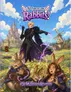 A stylized fantasy scene featuring a tall, humanoid fae with blonde hair, a black cloak, and purple magic swirling around them. Three anthropomorphic rabbits—one armored, one small, and one human-like with long hair—stand in a grassy field.