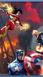 A dynamic scene features several iconic superheroes engaged in battle amidst a chaotic urban backdrop. On the left, a female hero with red and yellow attire unleashes energy blasts, while a flying hero in a blue and gold costume, likely Captain Marvel, propels forward. In the foreground, Iron Man, clad in his red and gold armor, prepares to strike, and Captain America stands resolutely, holding his shield emblazoned with a star. The atmosphere is charged with tension, reflecting the theme of hero versus hero.
