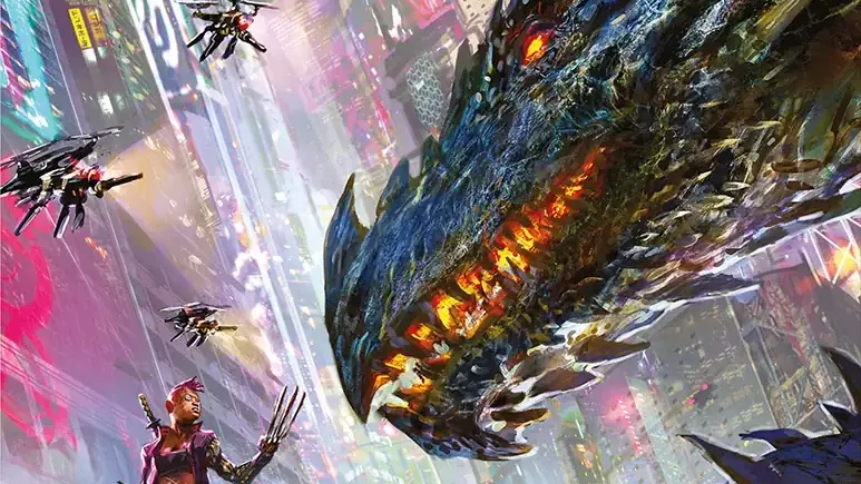 Cyberpunk cityscape with neon-lit skyscrapers. Giant dragon-like creature emerging from ruins, glowing red eyes and fiery breath. Four small flying drones in mid-air. Text reads: "Shadowrun Anarchy 2.0" with logo and "2.0" in corner.