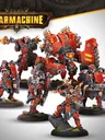 A Khador warband from Warmachine features five miniatures prominently displayed. The unit includes the Warcaster Kapitan Zahara Vilkul, a large character warjack named Razor, and three character solos, including Sergeant Goran Lazarenko and the Hounds. The miniatures are painted in a striking red and black color scheme, showcasing intricate details and weaponry, with Razor towering over the others, emphasizing the unit's vanguard role.