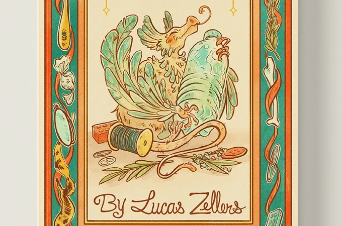 The cover of "Precious Things" features a whimsical illustration of two small dragons nestled together, surrounded by various mundane objects like buttons, a spool of thread, and dried flowers. The title "PRECIOUS THINGS" is prominently displayed at the top in a playful font, with decorative elements framing the image. The overall color palette includes warm tones of green, orange, and cream, creating a cozy and inviting aesthetic.