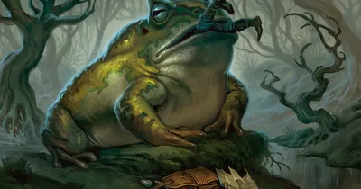 A large, armored frog-like creature with sharp claws and a spiked tail sits on mossy rocks. Its headgear resembles a mix of armor and a crown. Nearby, a dead insect lies on the ground. The background shows twisted, gnarled trees and vines in a dark, misty forest.