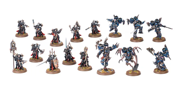 A collection of detailed miniatures from the Kill Team: Shadowhunt set features two opposing factions: the Adepta Sororitas and Chaos Space Marines. The Adepta Sororitas, known as the Celestian Insidiants, are depicted in dark armor with red accents, wielding various weapons, while the Chaos Space Marines, represented by the Murderwing, showcase a more chaotic design with jump packs and menacing melee weapons. The miniatures are arranged on a grassy base, highlighting their intricate details and dynamic poses.