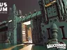 A detailed 3D model of the Murus Eternum Modular Fortress, showcasing its imposing structure with tall walls and a large, open gate. The fortress features intricate designs, including pipes and mechanical elements, with a sci-fi aesthetic. A miniature figure in a white suit is positioned near the entrance, emphasizing the scale of the fortress.